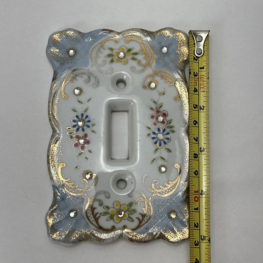 Vintage Lefton's Floral Rhinestones Porcelain Light Switch Plate Cover Blue 2685
